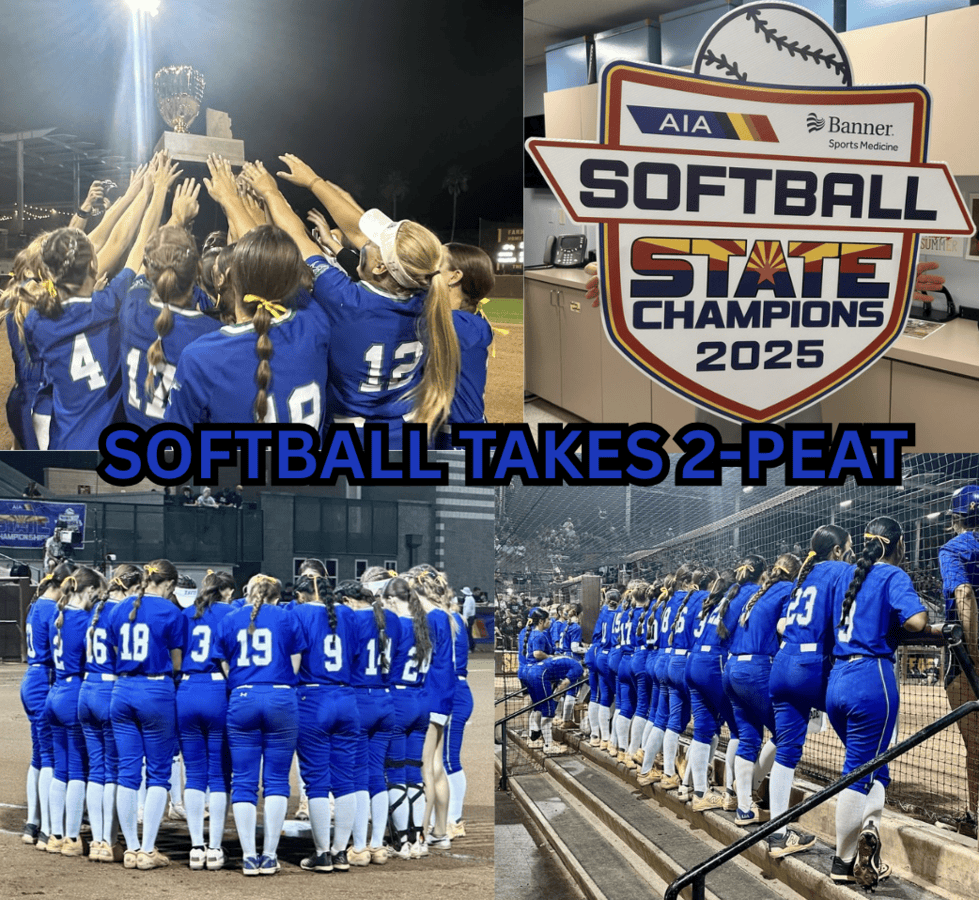 This photo illustration displays the Xavier varsity softball team hoisting its trophy and celebrating after winning its second 6A state championship in a row, and the fourth in five years. The No. 4 ranked Gators faced off against the No. 1 Queen Creek Bulldogs on May 19 at ASU's Farrington Softball Stadium. The Gators beat the Bulldogs 6-0.